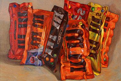 Painting of multiple bags of M&M's