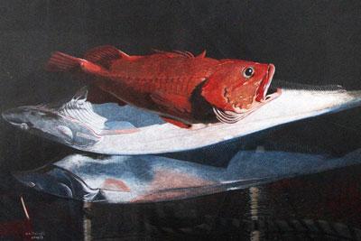 Painting of a red fish on a table
